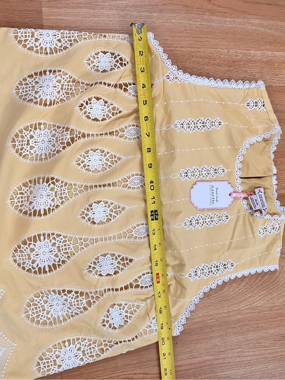 Nanette Lepore Pale Yellow Cotton Top with White Crochet Trim